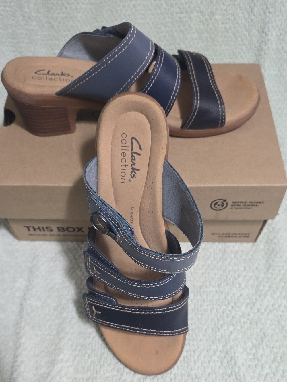 Clarks Emily2 Adella strappy sandals in a Navy multi-color design.